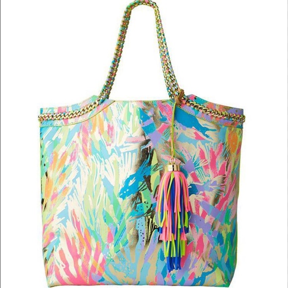 Lilly Pulitzer Reversible Seaside Beach Tote Cork Chain Top Handles Floral Print - Picture 1 of 11